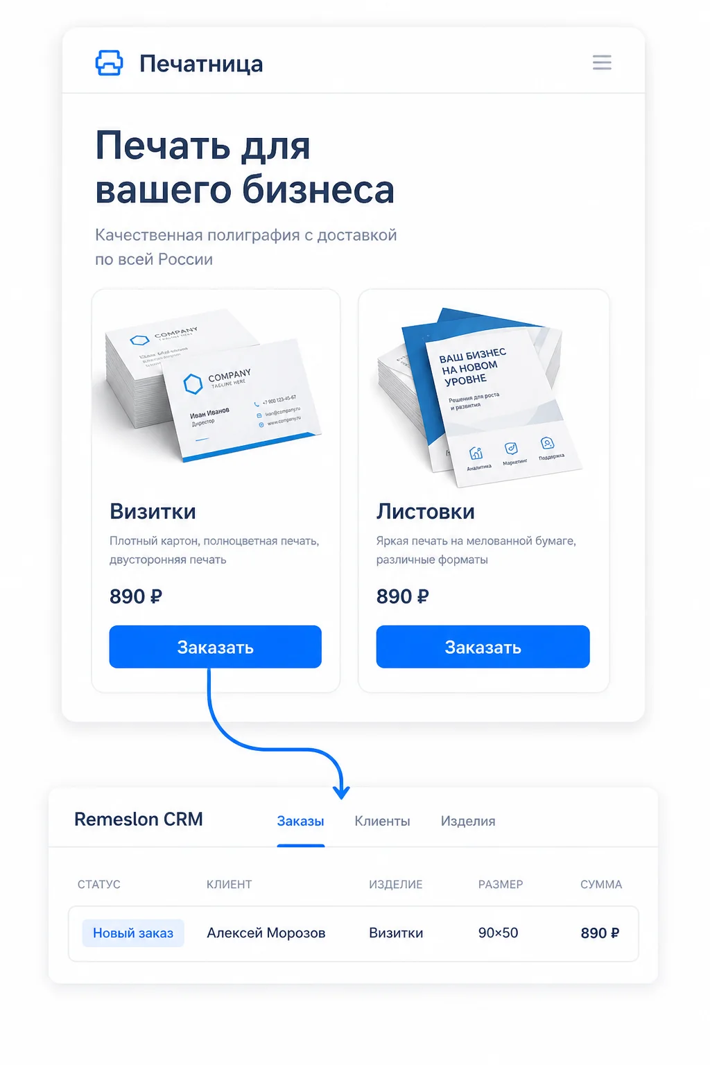 Витрина на сайте клиента и новый заказ в Ремеслоне